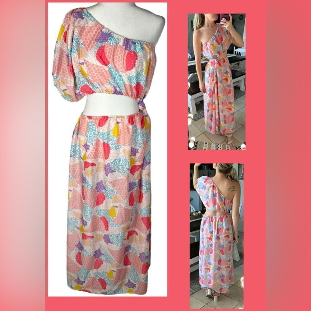 America & Beyond Pink Cotton Candy One Shoulder Side Cutout Maxi Dress